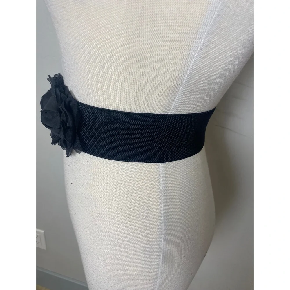 Vintage Y2K Black Elastic Floral Waist Belt Double Rosette Chiffon Flower Cinch